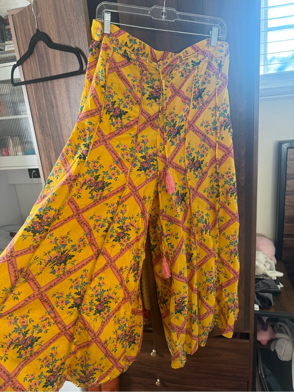 Free People Mustard Yellow Floral Tie-Waist Boho Pants